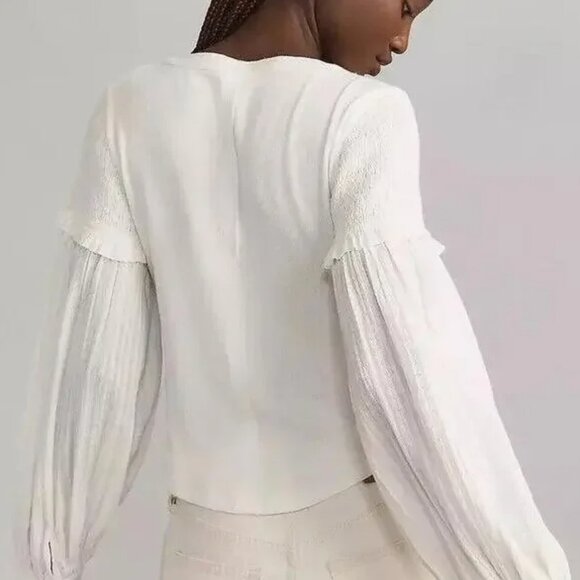 Pilcro The Andie Ribbed Henley Top Balloon Sleeve Blouse - NWT - Small - Picture 2 of 9